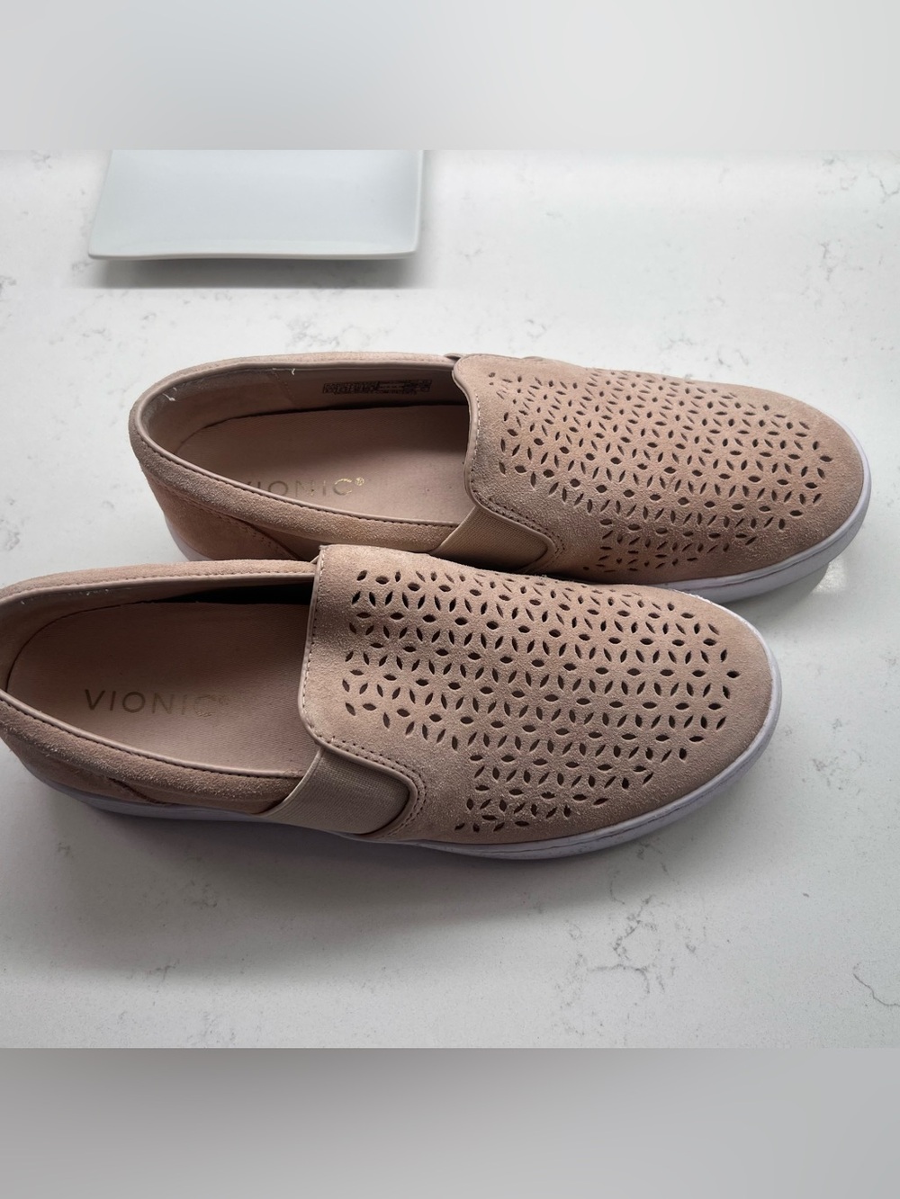 Vionic Slip-On Laser-Cut Suede Sneakers in Tan. 8.5